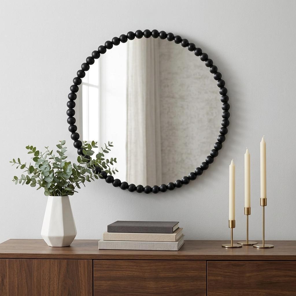 485107_4_qwQvMzCM.jpg 32" Black Iron Beaded Round Framed Accent Mirror - Image 1