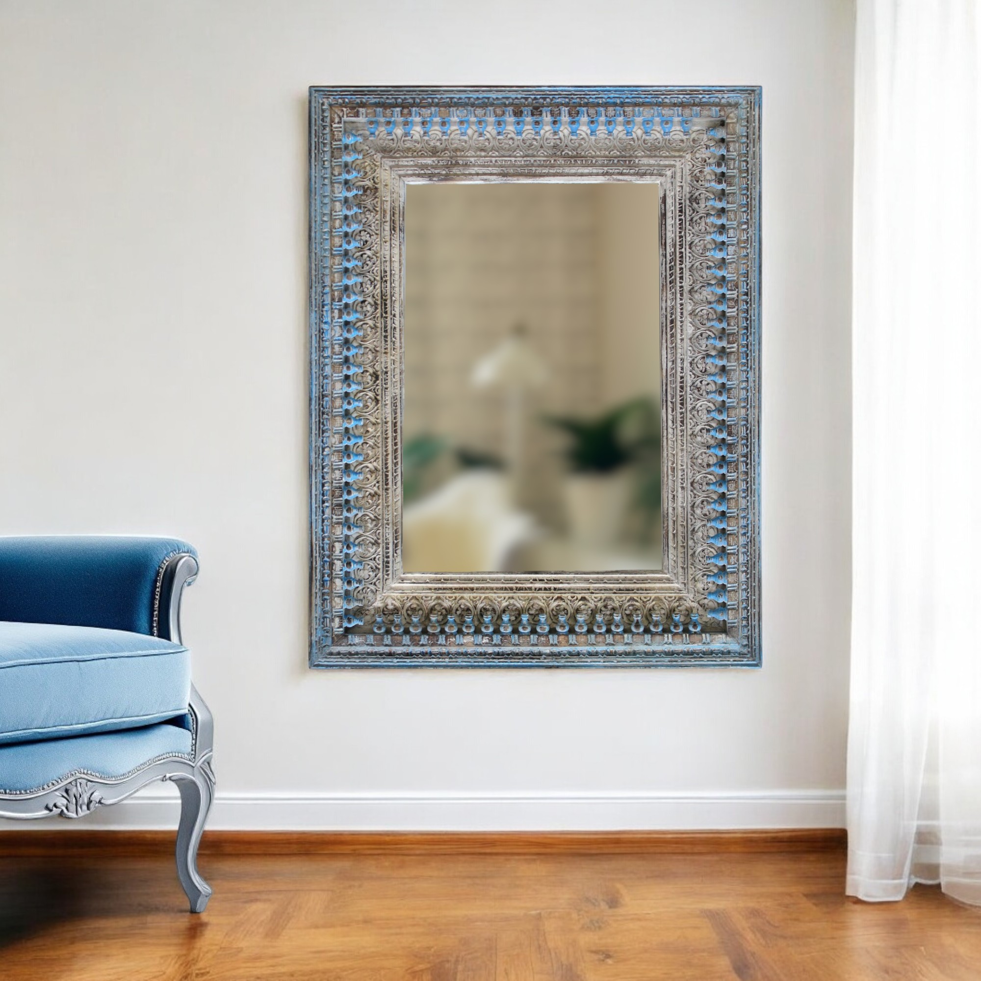489203_10_dAzcrpeB-1.jpg 50" Blue and Silver Solid Wood Framed Accent Mirror - Image 1