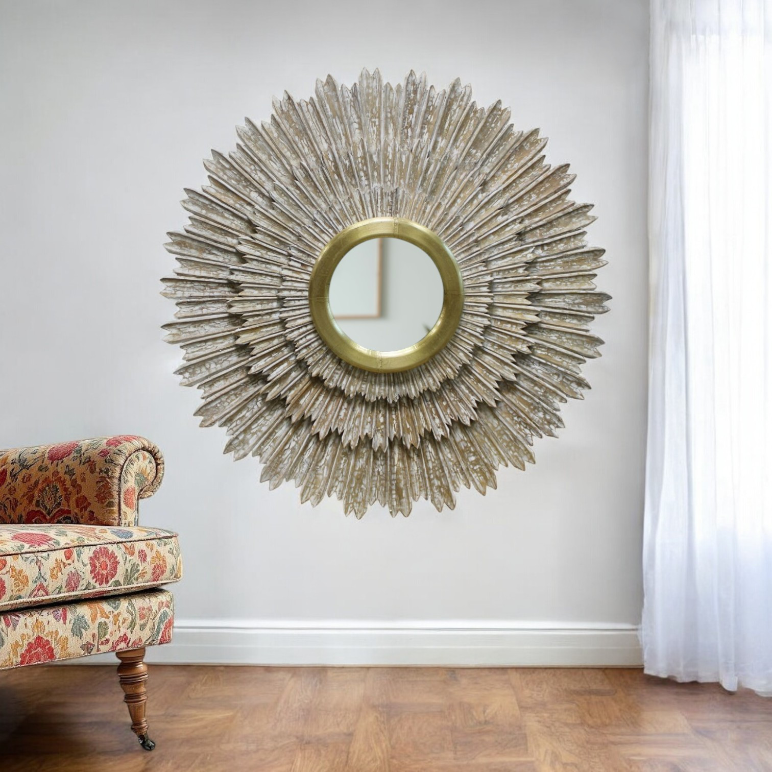 489207_12_K6yUaEBz-1.jpg 44" Antiqued Gold Sunburst Wood and Metal Framed Accent Mirror - Image 1