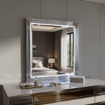 42" Silver And White Wood Square Lighted Dresser Mount Framed Mirror