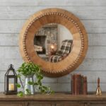 30" Brown Solid Wood Faceted And Beaded Round Framed Accent Mirror