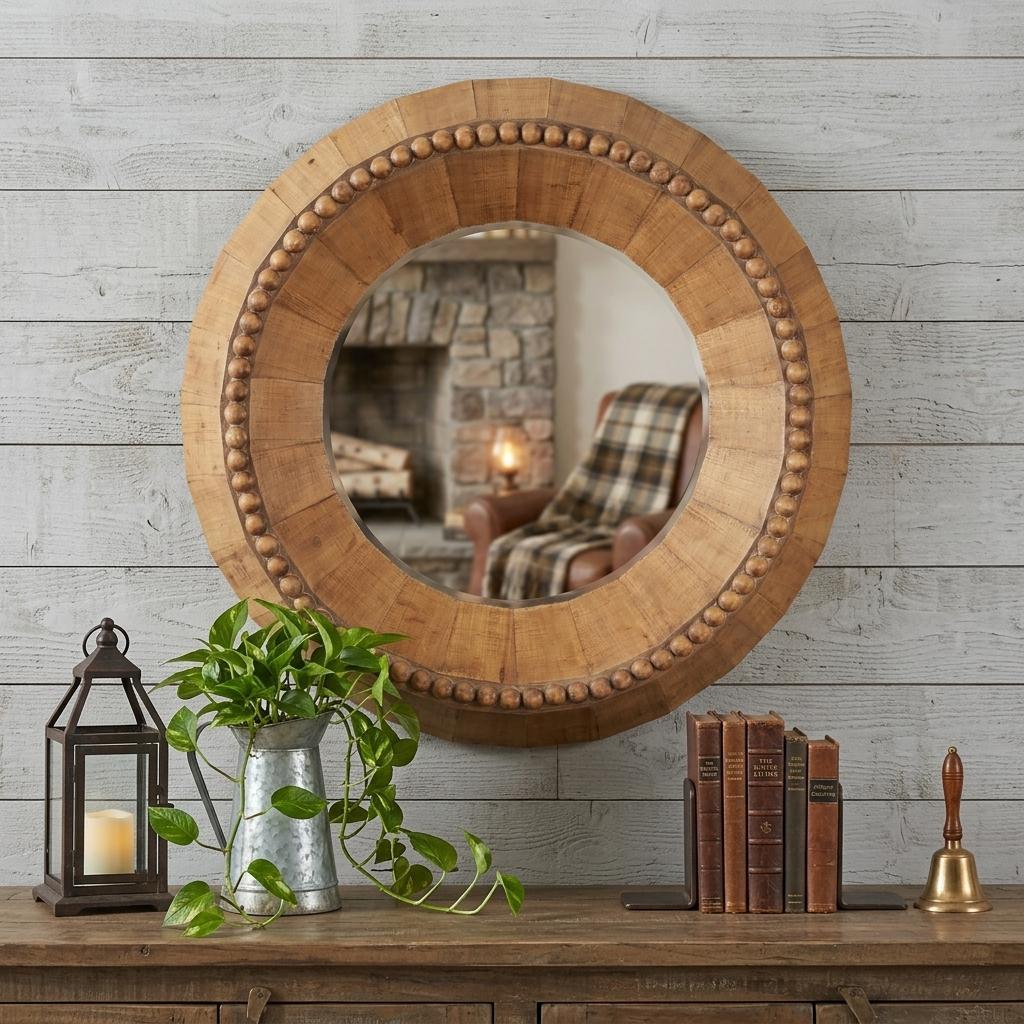 607303_6_4EsaGXAO-3.jpg 30" Brown Solid Wood Faceted And Beaded Round Framed Accent Mirror - Image 1
