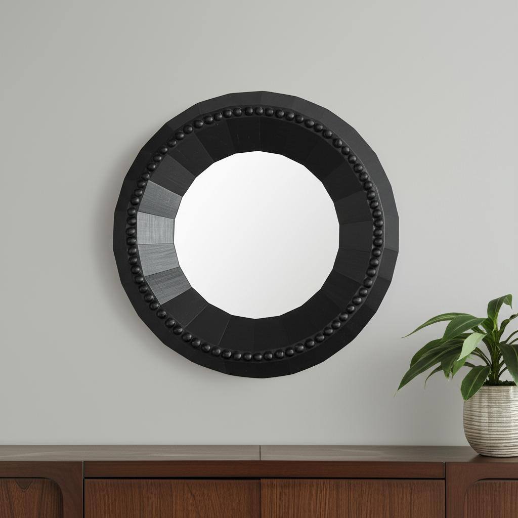 607304_5_qiJEOWG5-3.jpg 30" Black Solid Wood Faceted And Beaded Round Framed Accent Mirror - Image 1
