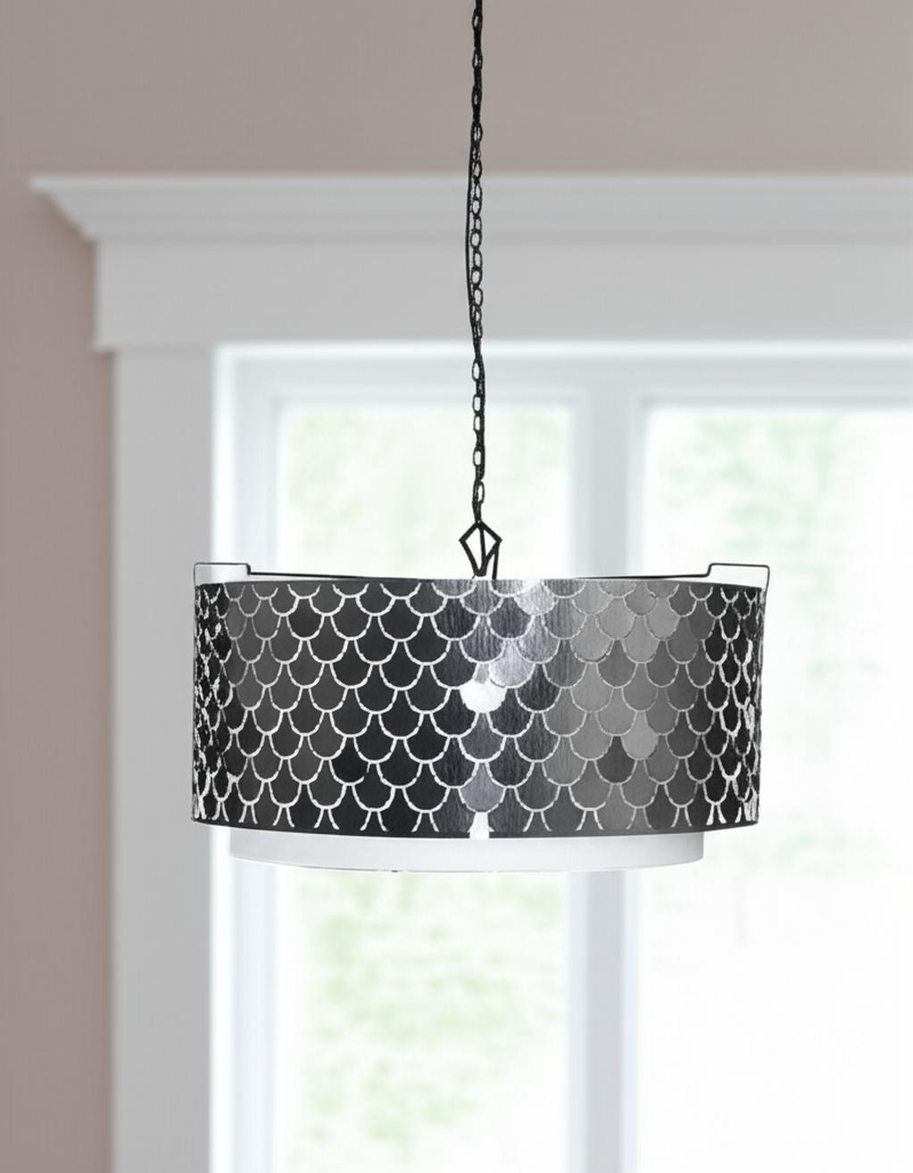 611335_5_Yn4tyZty-3.jpg Charcoal Black And White Drum Metal Dimmable Chandelier With Black Shades - Image 1