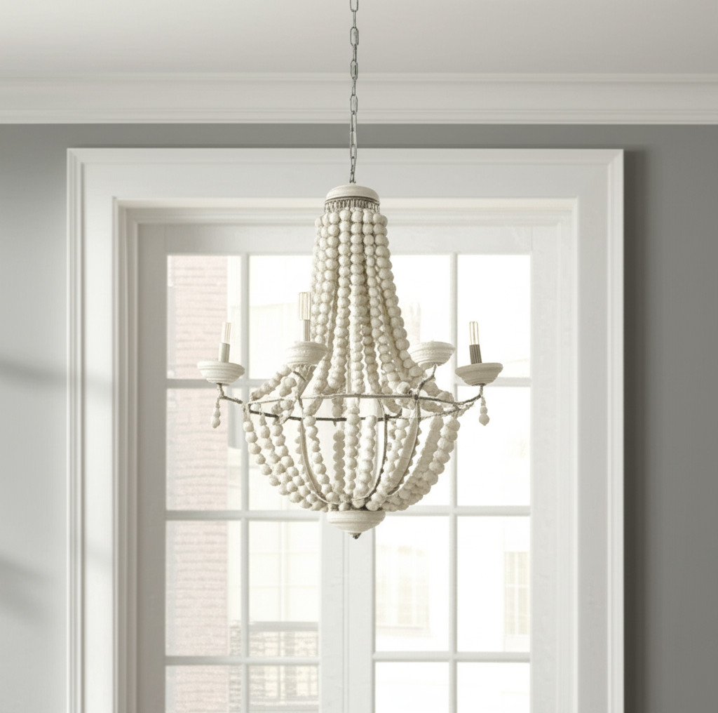 611343_4_1GBMconB-2.jpg Silver And White Empire Six Light Metal and Beads Dimmable Chandelier - Image 1