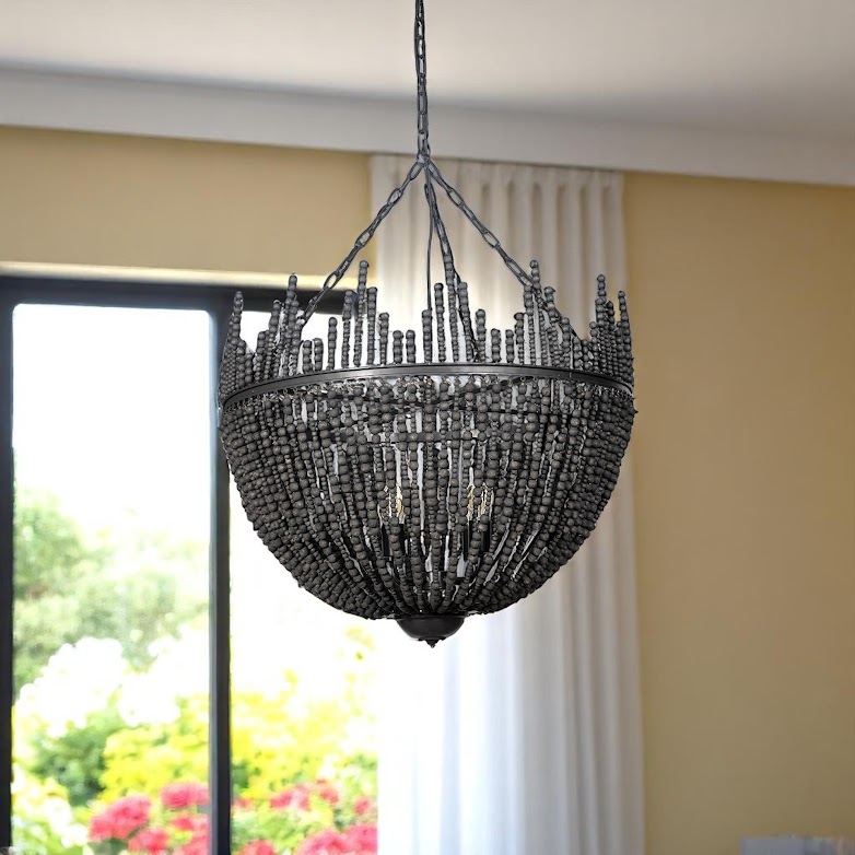611345_8_Elnx3mlQ-3.jpg Black Unique Statement Four Light Metal and Beads Dimmable Chandelier - Image 1