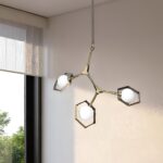 Champagne Unique Statement Three Light Metal and Glass Dimmable Chandelier With White Shades