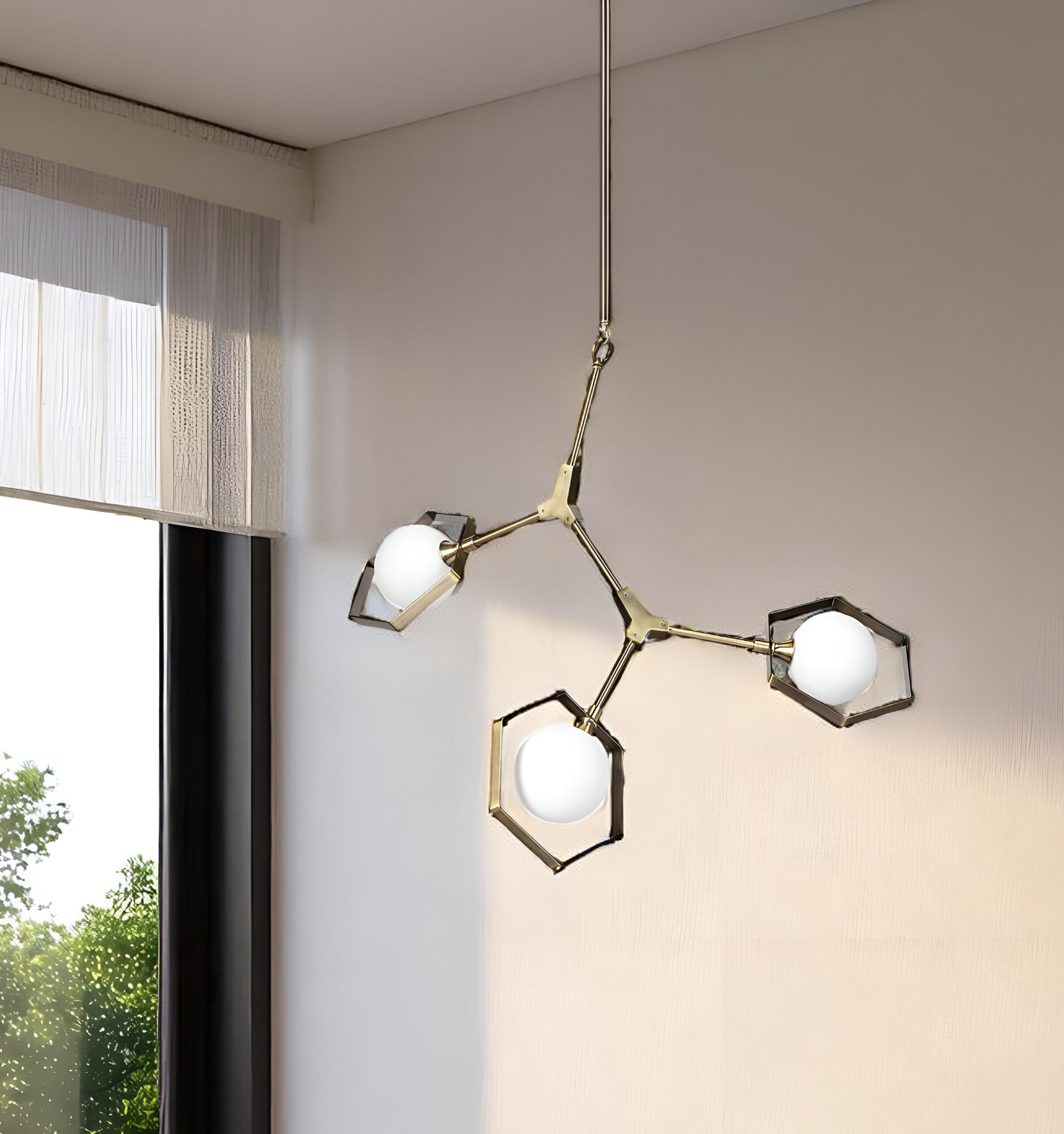 611349_6_ixLsK7de-2.jpg Champagne Unique Statement Three Light Metal and Glass Dimmable Chandelier With White Shades - Image 1