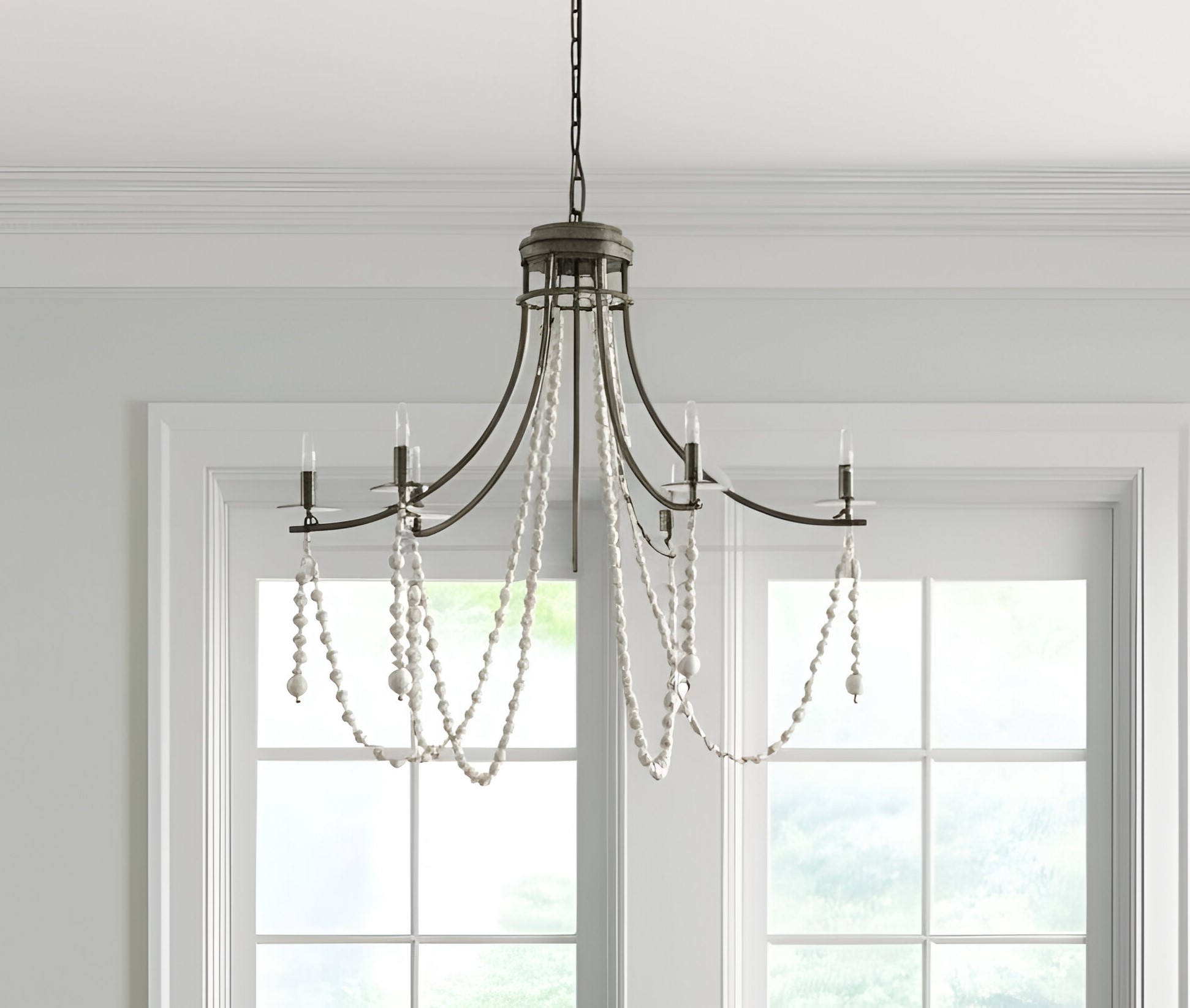 611354_5_sxzd1NQP-2.jpg White And Silver Candle Style Six Light Metal and Beads Dimmable Chandelier - Image 1