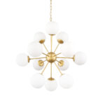 Gold Sputnik Eleven Light Frosted Metal and Glass Dimmable Chandelier With White Shades - Image 2