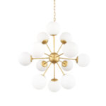 Gold Sputnik Eleven Light Frosted Metal and Glass Dimmable Chandelier With White Shades - Image 4