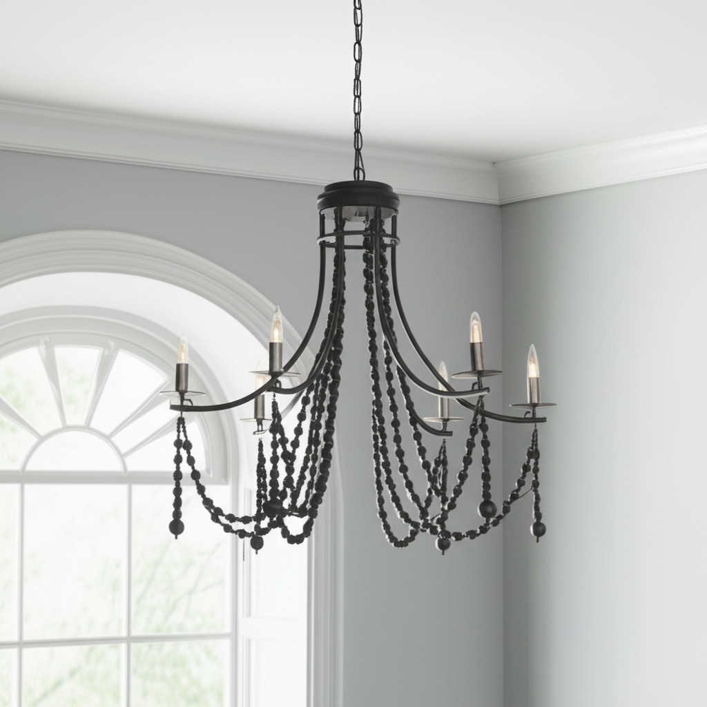 611361_6_PuLjFPn4-2.jpg Black Candle Style Six Light Metal and Beads Dimmable Chandelier - Image 1