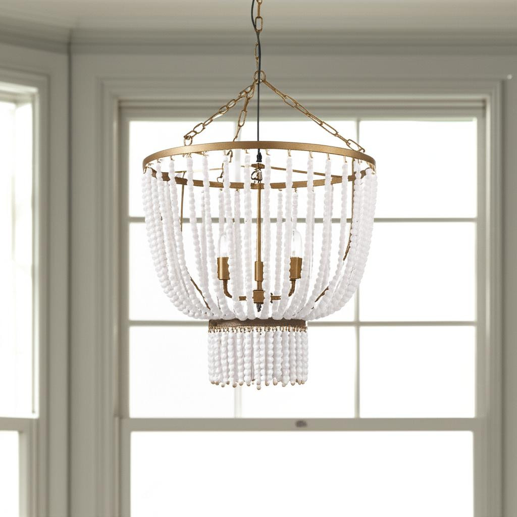 611362_5_pgemHURZ-3.jpg Gold And White Empire Three Light Metal and Beads Dimmable Chandelier - Image 1