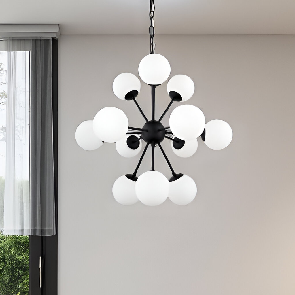 611366_7_5FBmNPYw-4.jpg Black Sputnik Multi Light Frosted Metal and Glass Dimmable Chandelier With White Shades - Image 1