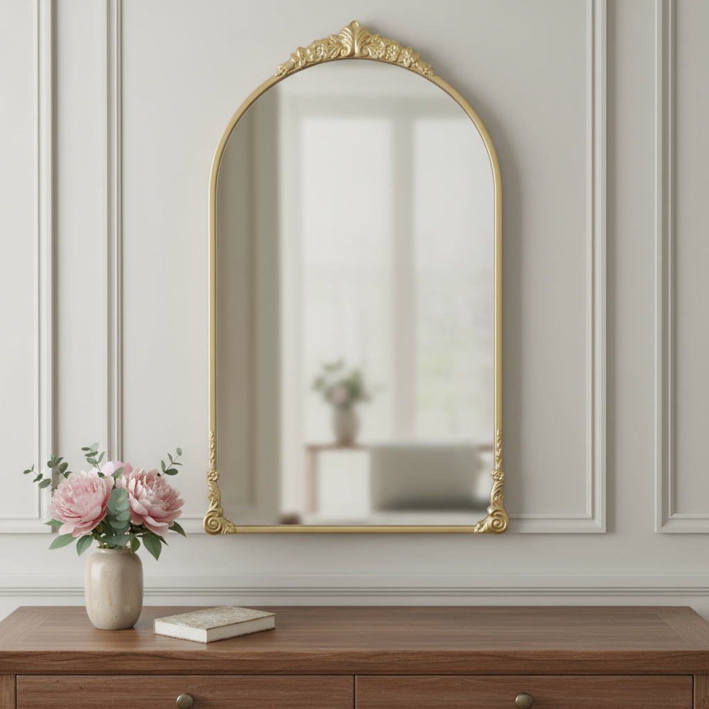 632346_11_fhp4j8If-3.jpg 34" Gold Metal Arch Accent Mirror - Image 1