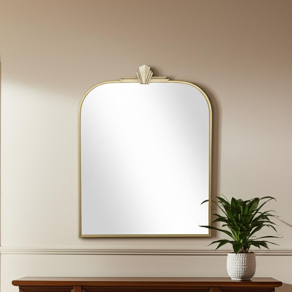632352_12_3oMDrVOo-4.jpg 31" Gold Metal Art Deco Arch Accent Mirror - Image 1