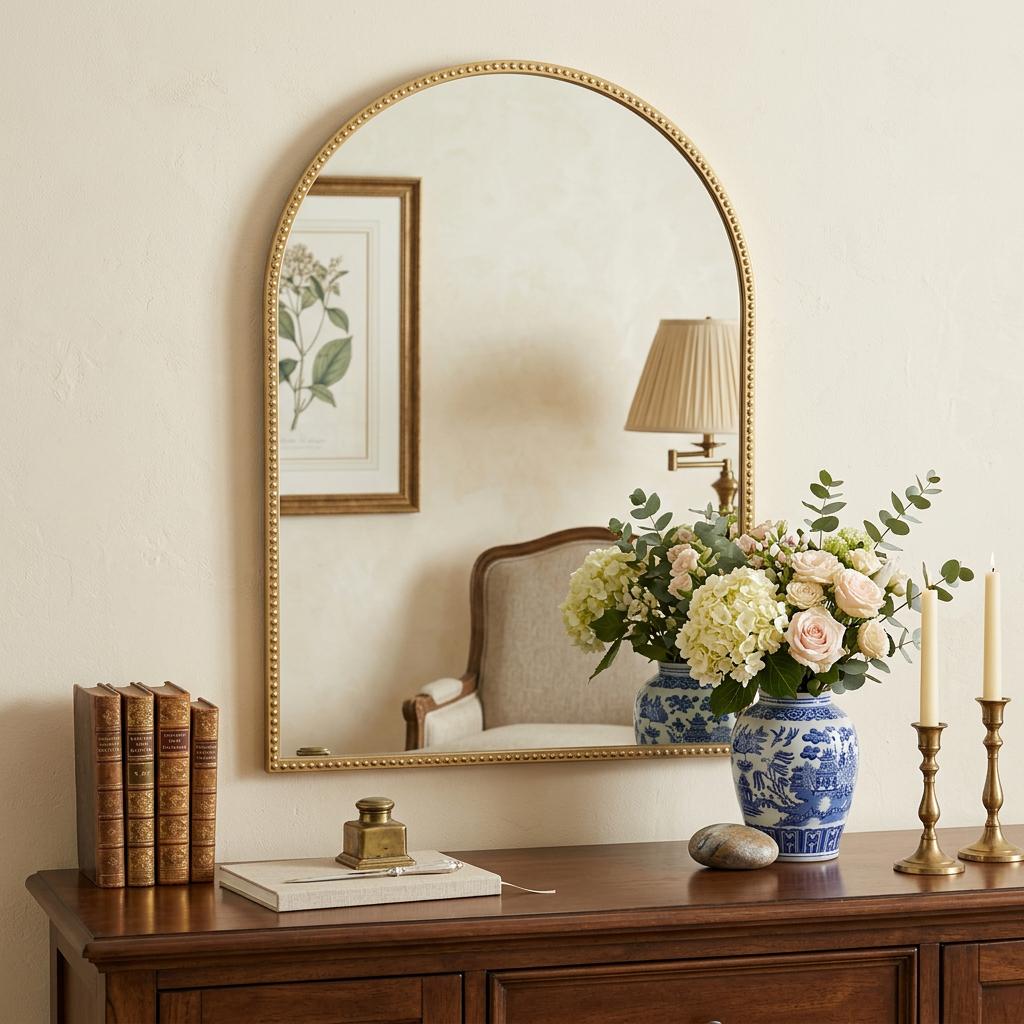 632512_14_M4TWJcIo-4.jpg 34" Gold Metal Beaded Arch Accent Mirror - Image 1