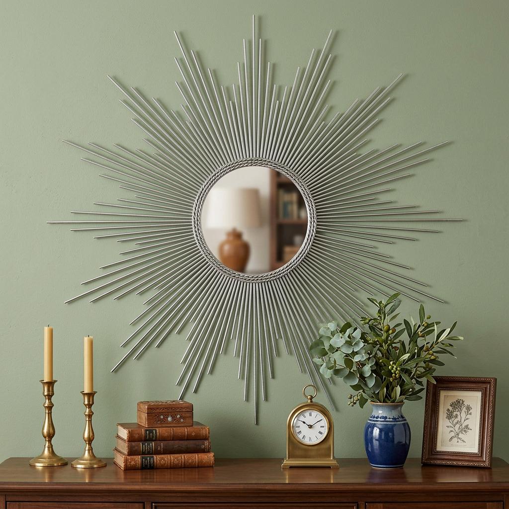 636065_7_C8baBk9a-1.jpg 32" Silver Metal Sunburst Geometric Framed Accent Mirror - Image 1