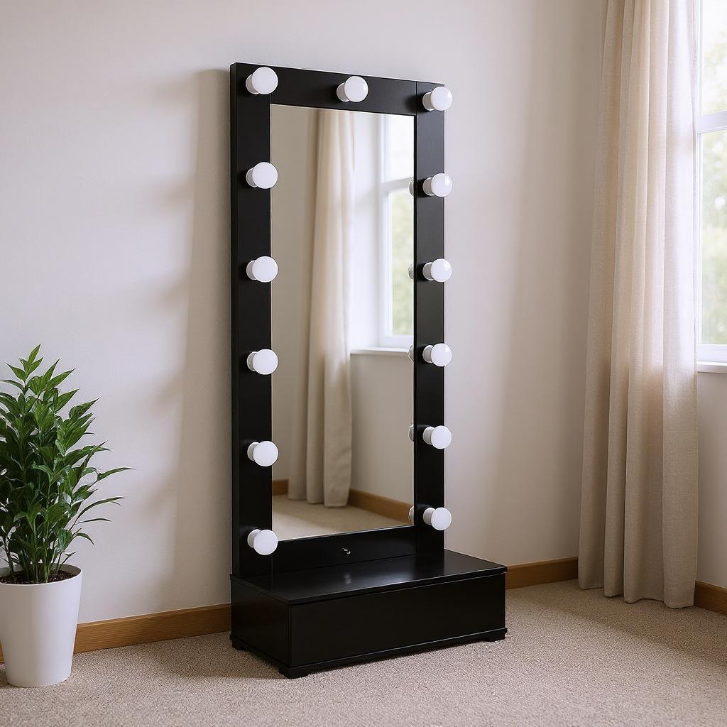 643654_11_pxMC65nl-1.jpg 74" Black Wood Lighted Freestanding Framed Full Length Mirror - Image 1
