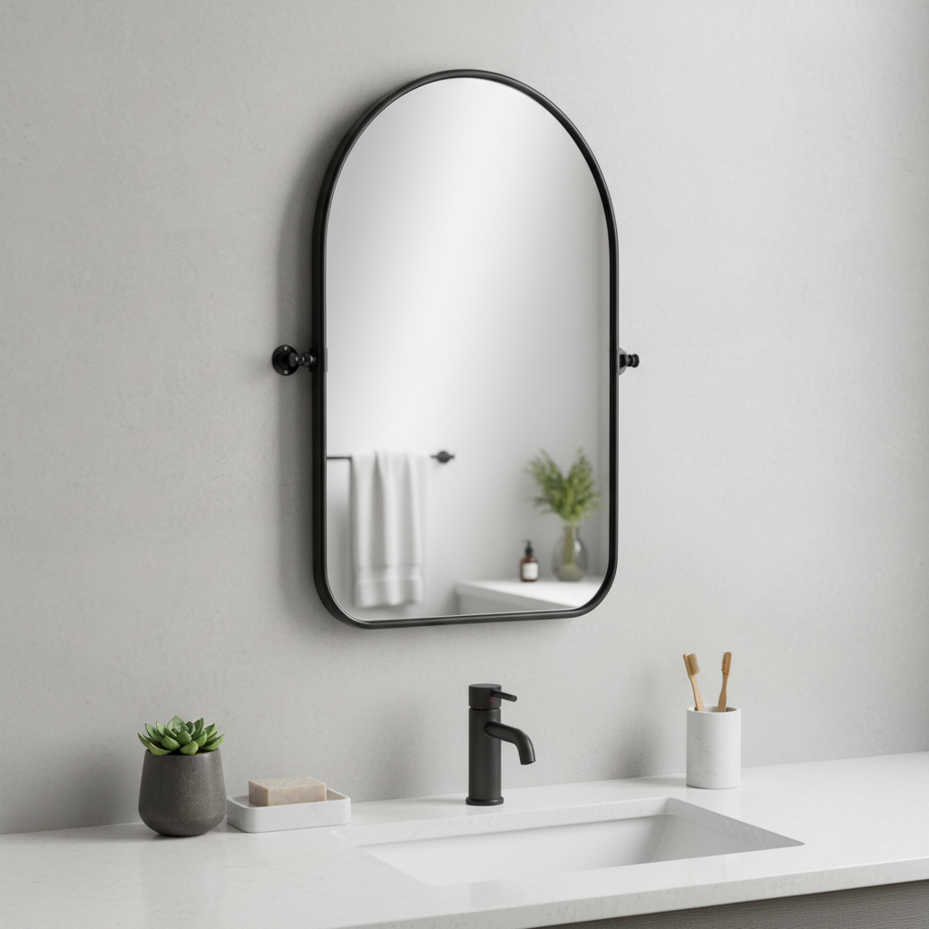 691627_10_bNzAQr5r-1.jpg 32" Black Arch Metal Swivel Framed Accent Mirror - Image 1