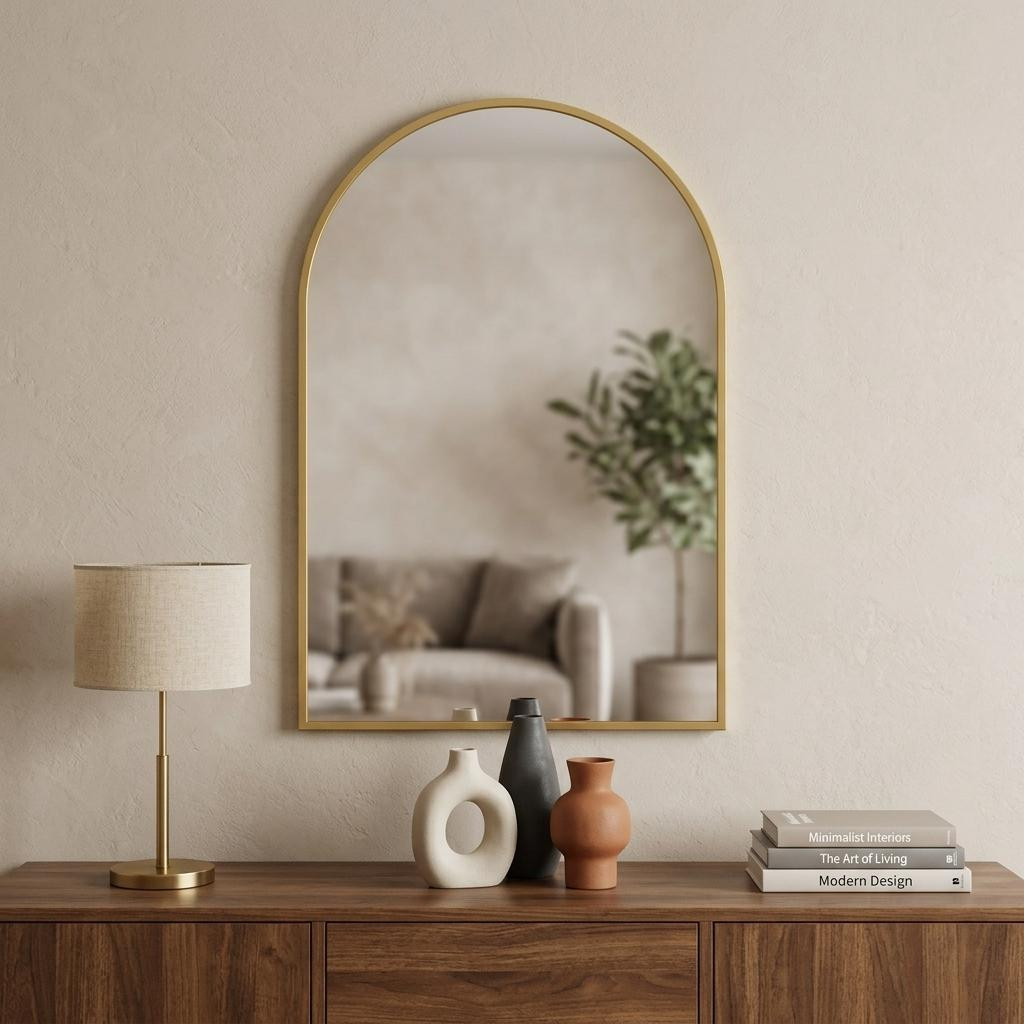 719124_7_Eyj87WKh.jpg 30" Gold Metal Arch Framed Accent Mirror - Image 1