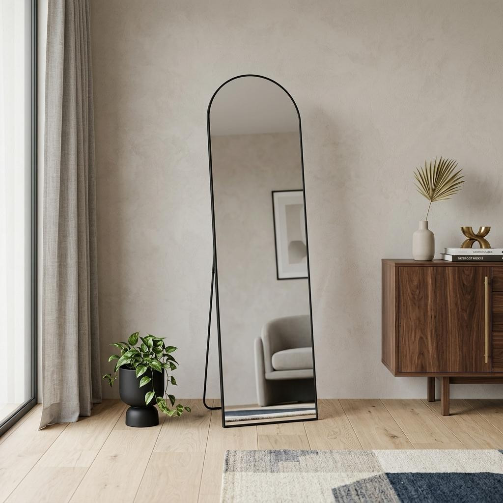 719129_4_IkNNzzMO.jpg 59" Black Metal Arch Wall Mounted Leaning Or Freestanding Framed Full Length Mirror - Image 1