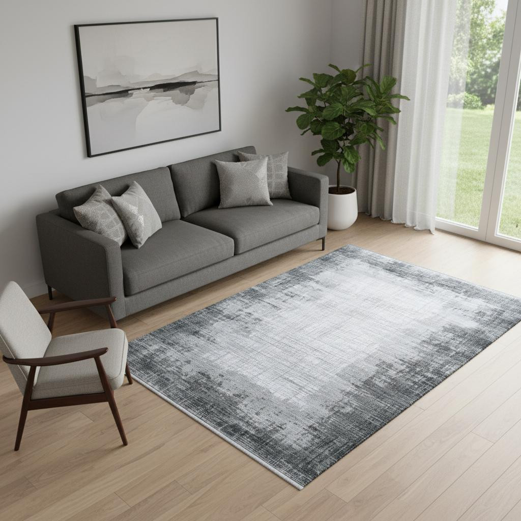 722515_12_kjT7Wx23.jpg 5' X 8' Gray And White Abstract Distressed Area Rug With Fringe - Image 1