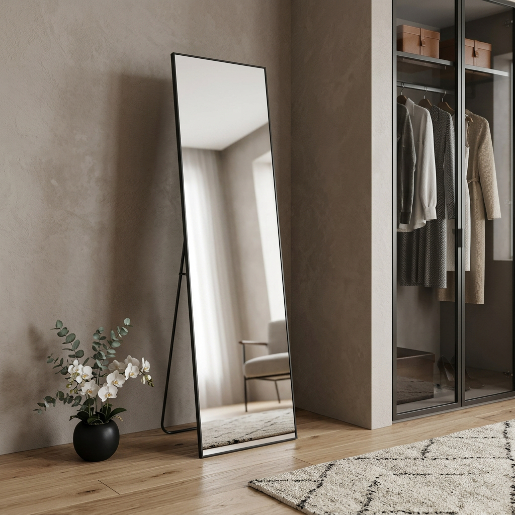 723659_10_39kMT3il.jpg 59" Black Aluminum Freestanding And Wall Mounted Framed Full Length Mirror - Image 1