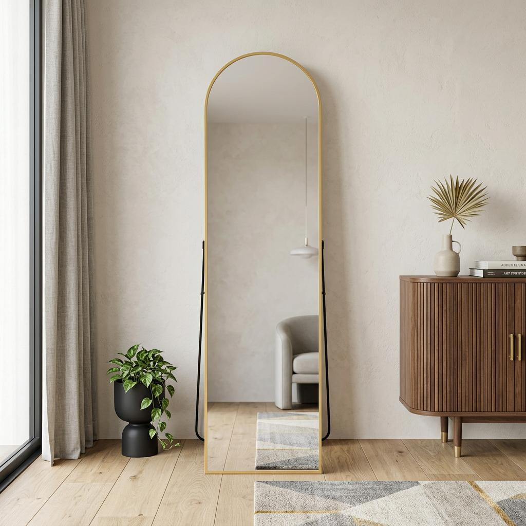 723660_4_VOuq68Kq.jpg 59" Gold Aluminum Arch Freestanding And Wall Mounted Framed Full Length Mirror - Image 1