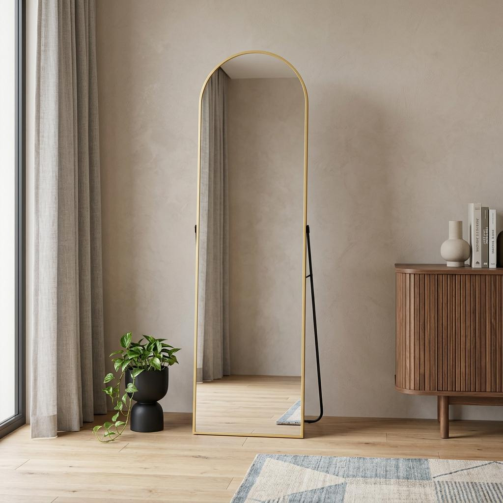 723664_4_DpiOoxGQ.jpg 64" Gold Aluminum Arch Freestanding And Wall Mounted Framed Full Length Mirror - Image 1