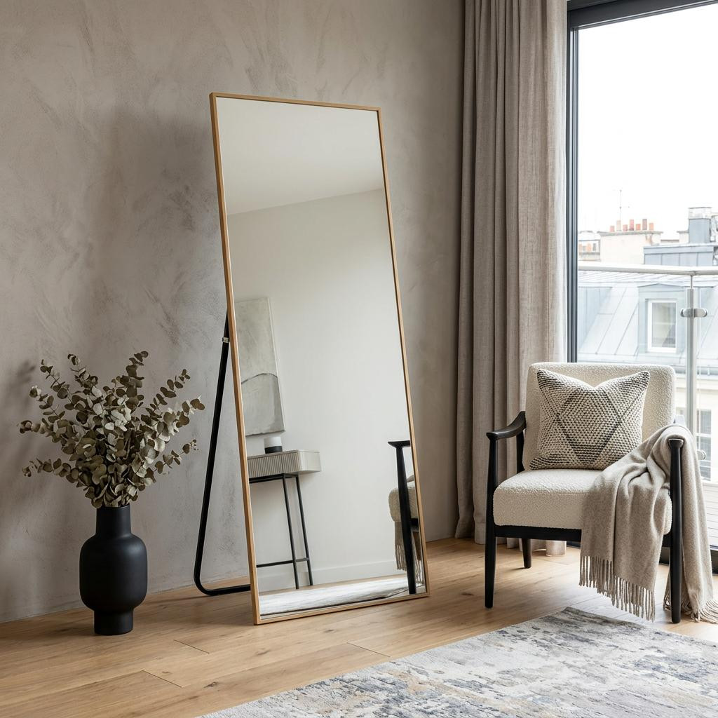 723665_8_GRCFz8tZ.jpg 64" Gold Aluminum Freestanding And Wall Mounted Framed Full Length Mirror - Image 1
