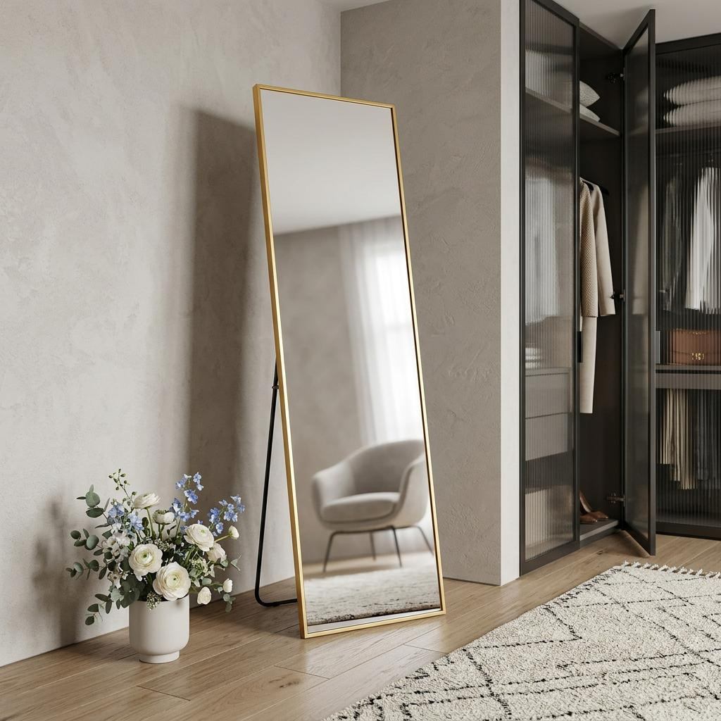 723693_5_J2UZHuVm.jpg 64" Gold Aluminum Freestanding And Wall Mounted Framed Full Length Mirror - Image 1