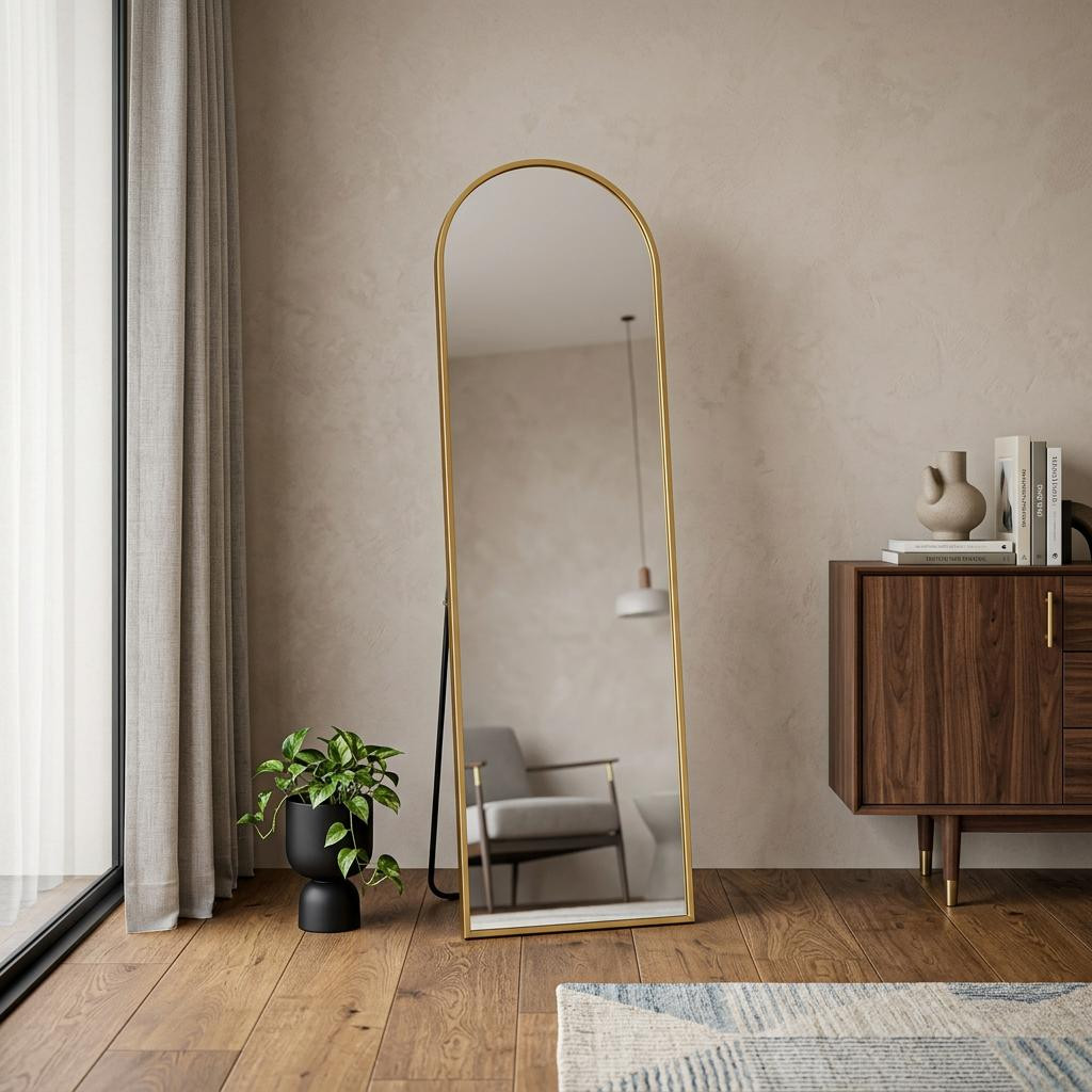 723700_1_Mj9Ic815.jpg 64" Gold Aluminum Arch Freestanding And Wall Mounted Framed Full Length Mirror - Image 1