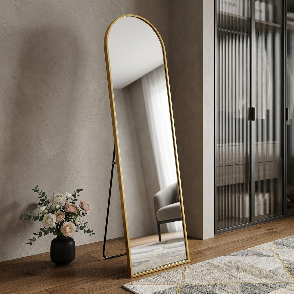 723703_6_ZOatrNrM.jpg 66" Gold Aluminum Arch Wall Mounted And Freestanding Framed Full Length Mirror - Image 1