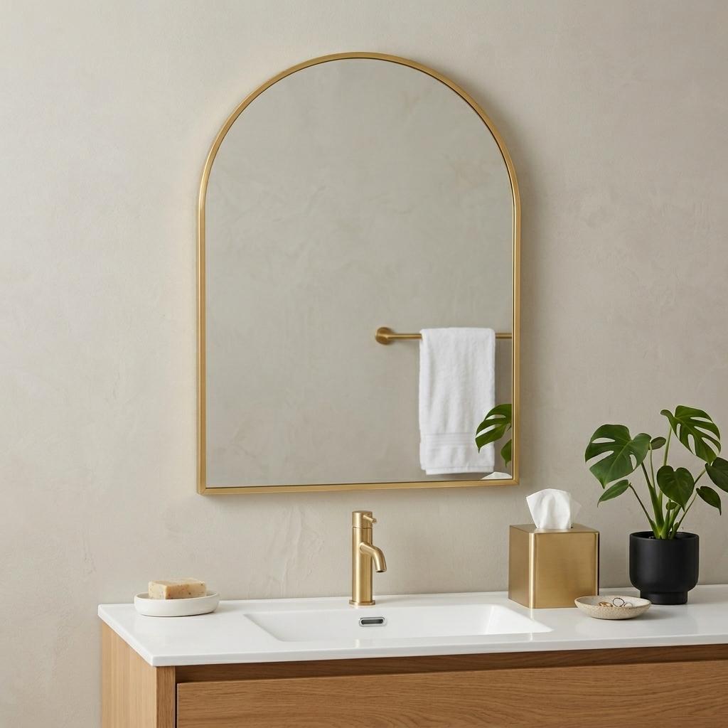 723705_11_G8MJfrin.jpg 30" Gold Aluminum Arch Framed Anti Fog Accent Mirror - Image 1